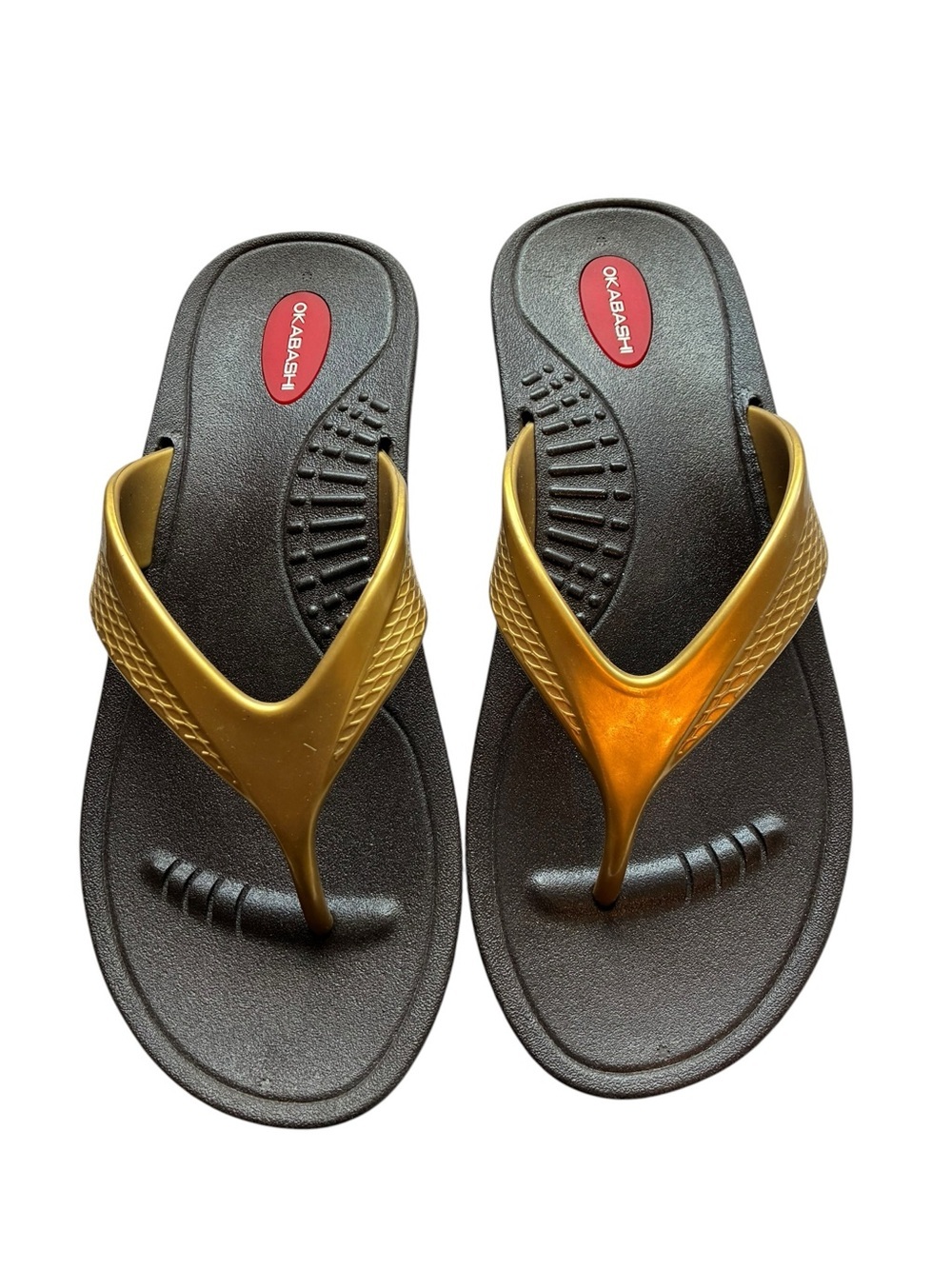 Okabashi Gold Strap Black Footbed Thong Sandals